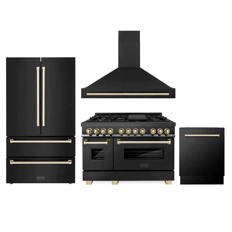 48" Autograph Edition Kitchen Package with Black Stainless Steel Dual Fuel Range, Range Hood, Dishwasher and Refrigeration with Polished Gold Accents