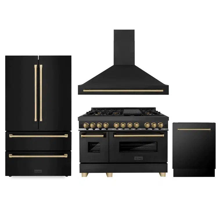 48" Autograph Edition Kitchen Package with Black Stainless Steel Dual Fuel Range, Range Hood, Dishwasher and Refrigeration with Champagne Bronze Accents