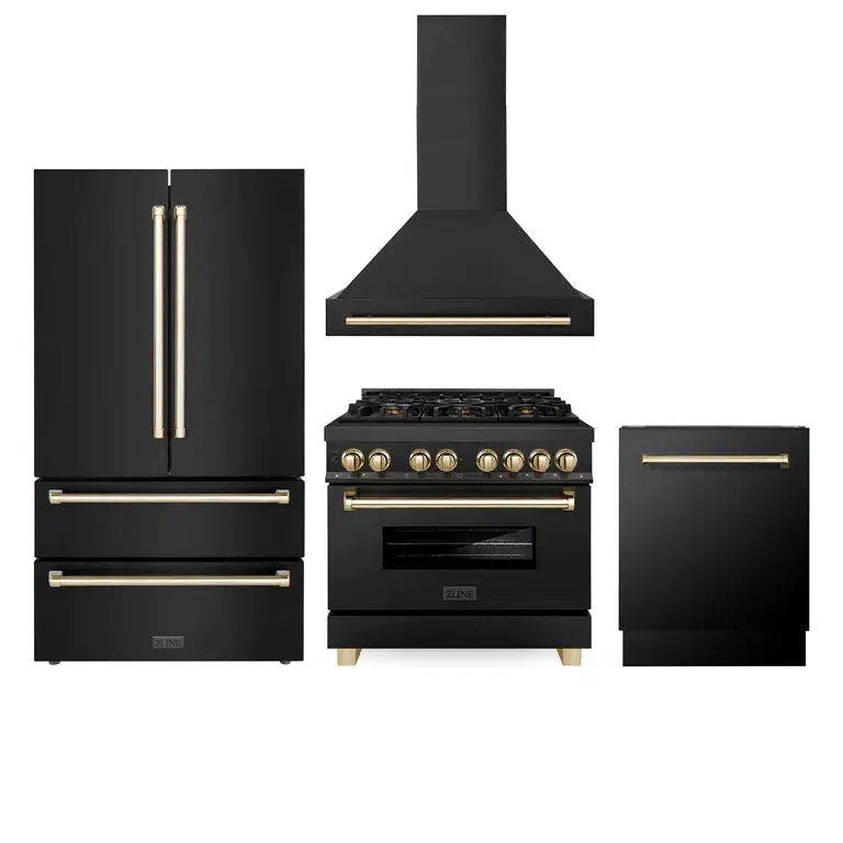 36" Autograph Edition Kitchen Package with Black Stainless Steel Dual Fuel Range, Range Hood, Dishwasher and Refrigeration with Polished Gold Accents