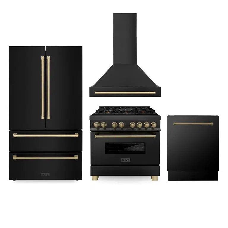 36" Autograph Edition Kitchen Package with Black Stainless Steel Dual Fuel Range, Range Hood, Dishwasher and Refrigeration with Champagne Bronze Accents