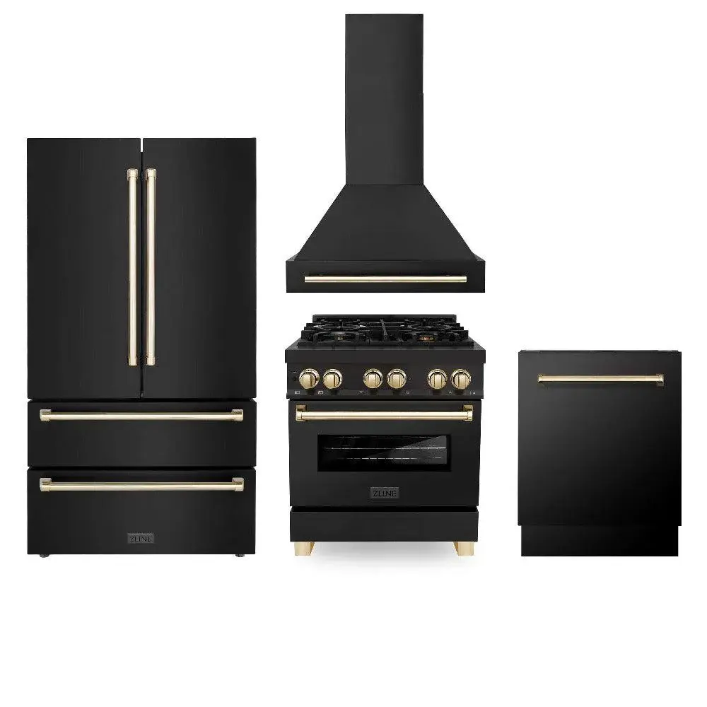 30" Autograph Edition Kitchen Package with Black Stainless Steel Dual Fuel Range, Range Hood, Dishwasher and Refrigeration with Polished Gold Accents