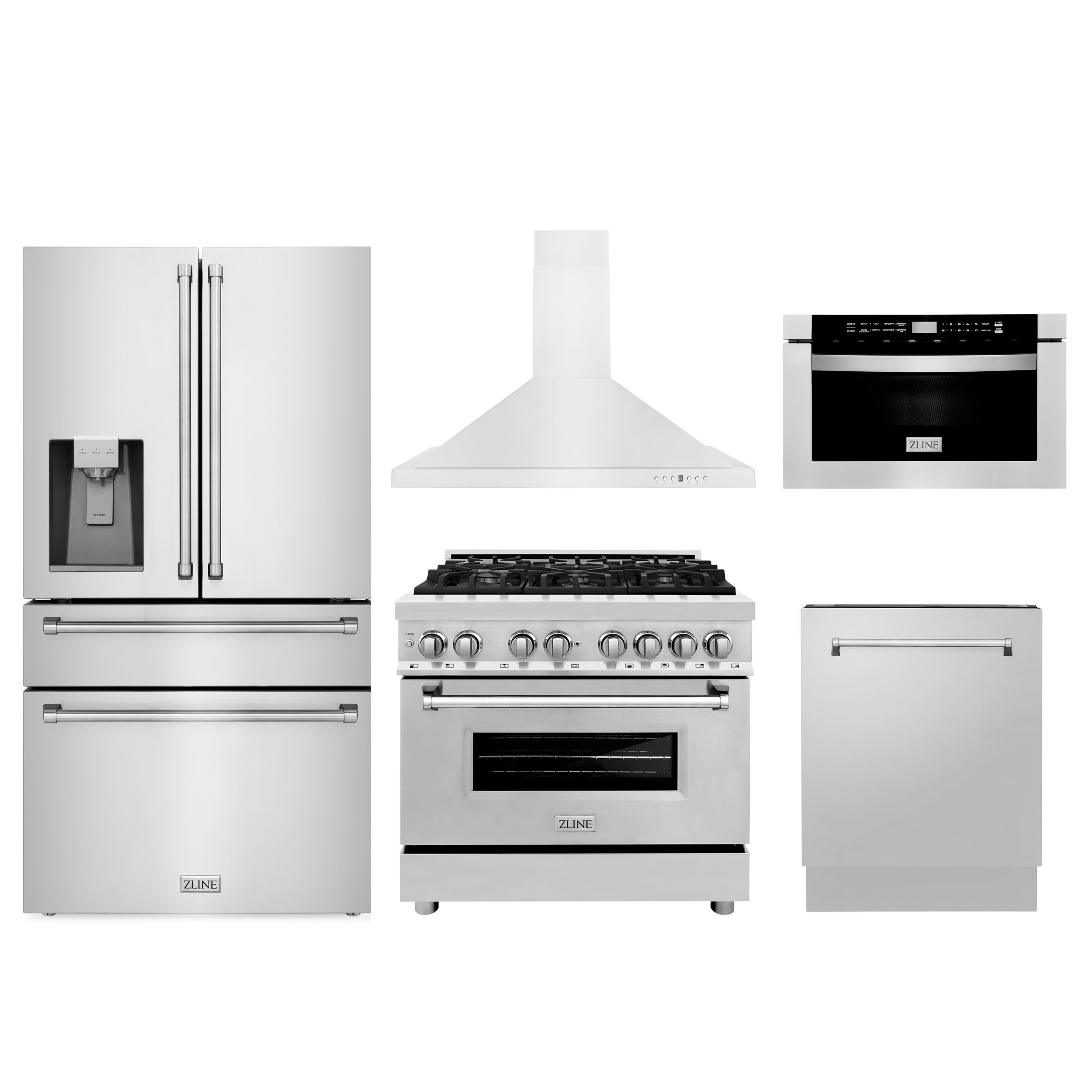 Kitchen Package with Water and Ice Dispenser Refrigerator, 36" Dual Fuel Range, 36" Range Hood, Microwave Drawer, and 24" Tall Tub Dishwasher