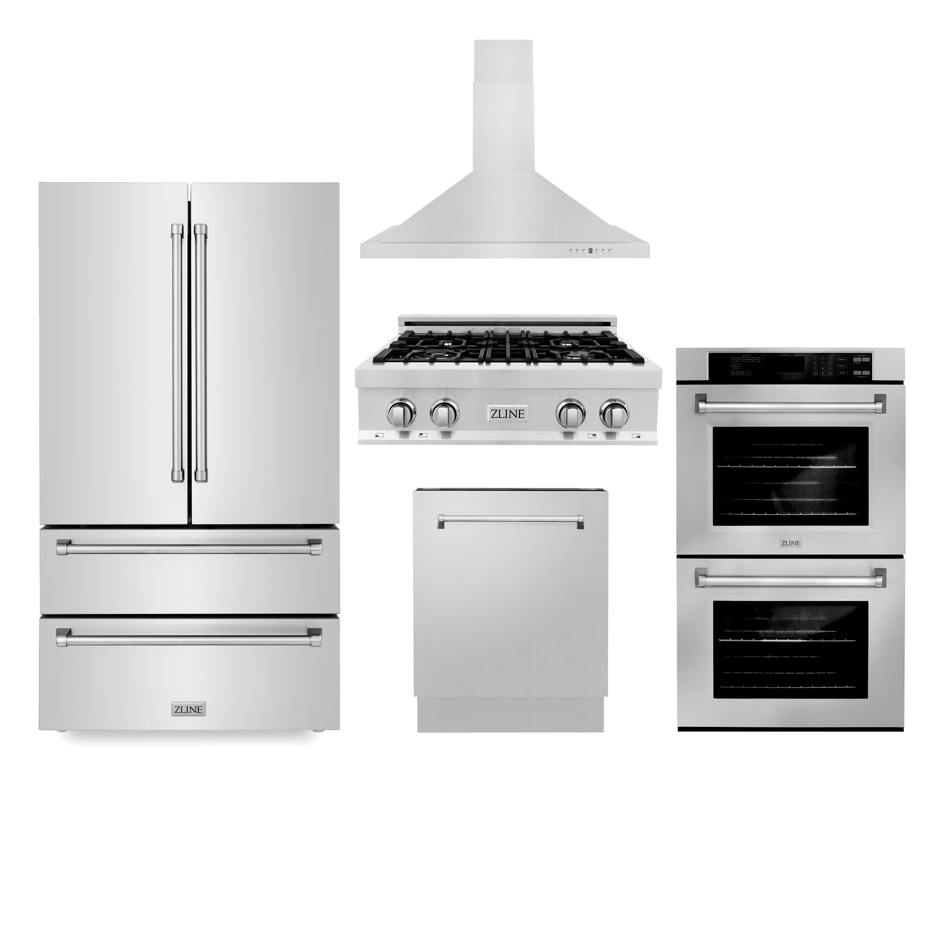 Kitchen Package with Refrigeration, 30" Stainless Steel Rangetop, 30" Range Hood, 30" Double Wall Oven and 24" Tall Tub Dishwasher