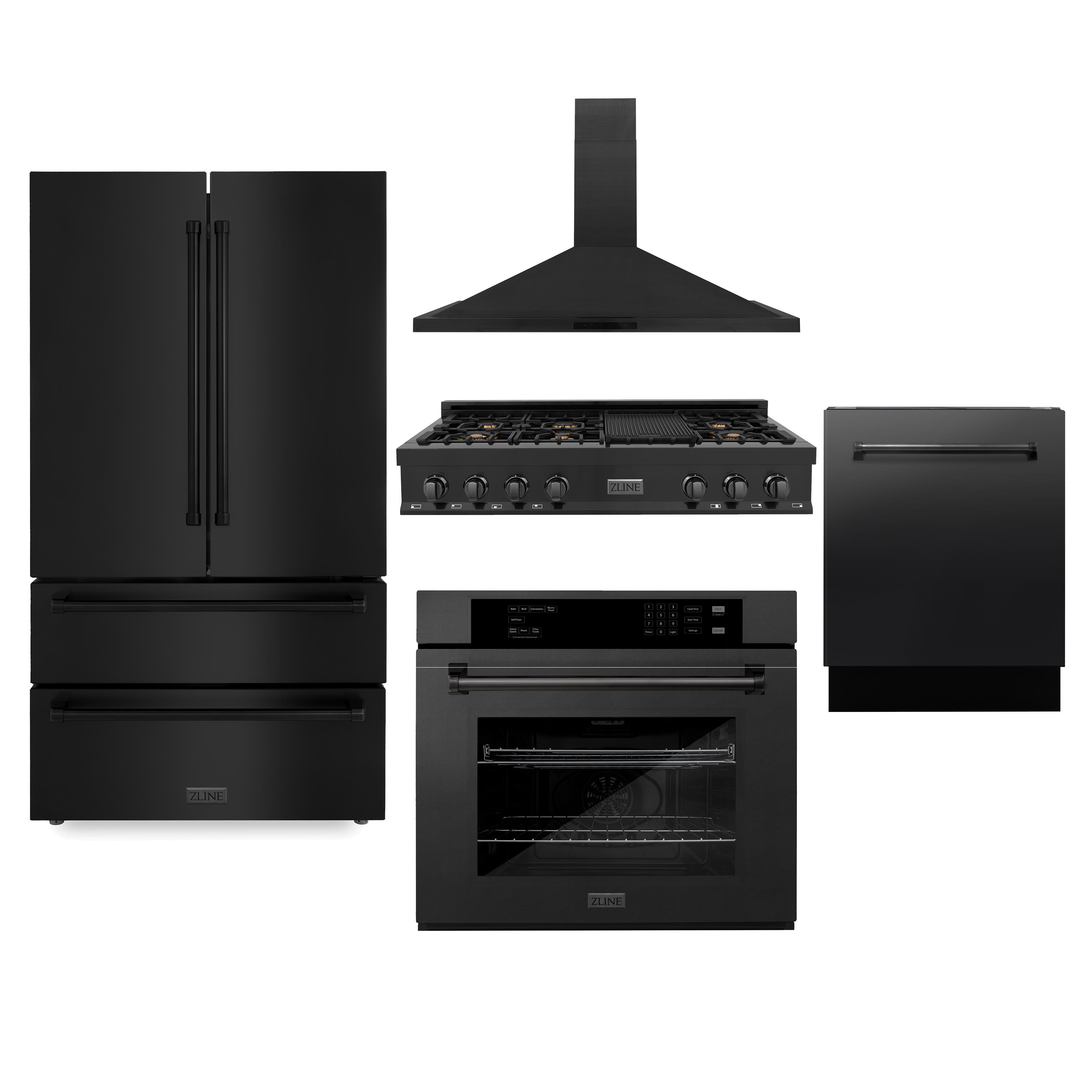 Kitchen Package with Black Stainless Steel Refrigeration, 48" Rangetop, 48" Range Hood, 30" Single Wall Oven, and 24" Tall Tub Dishwasher