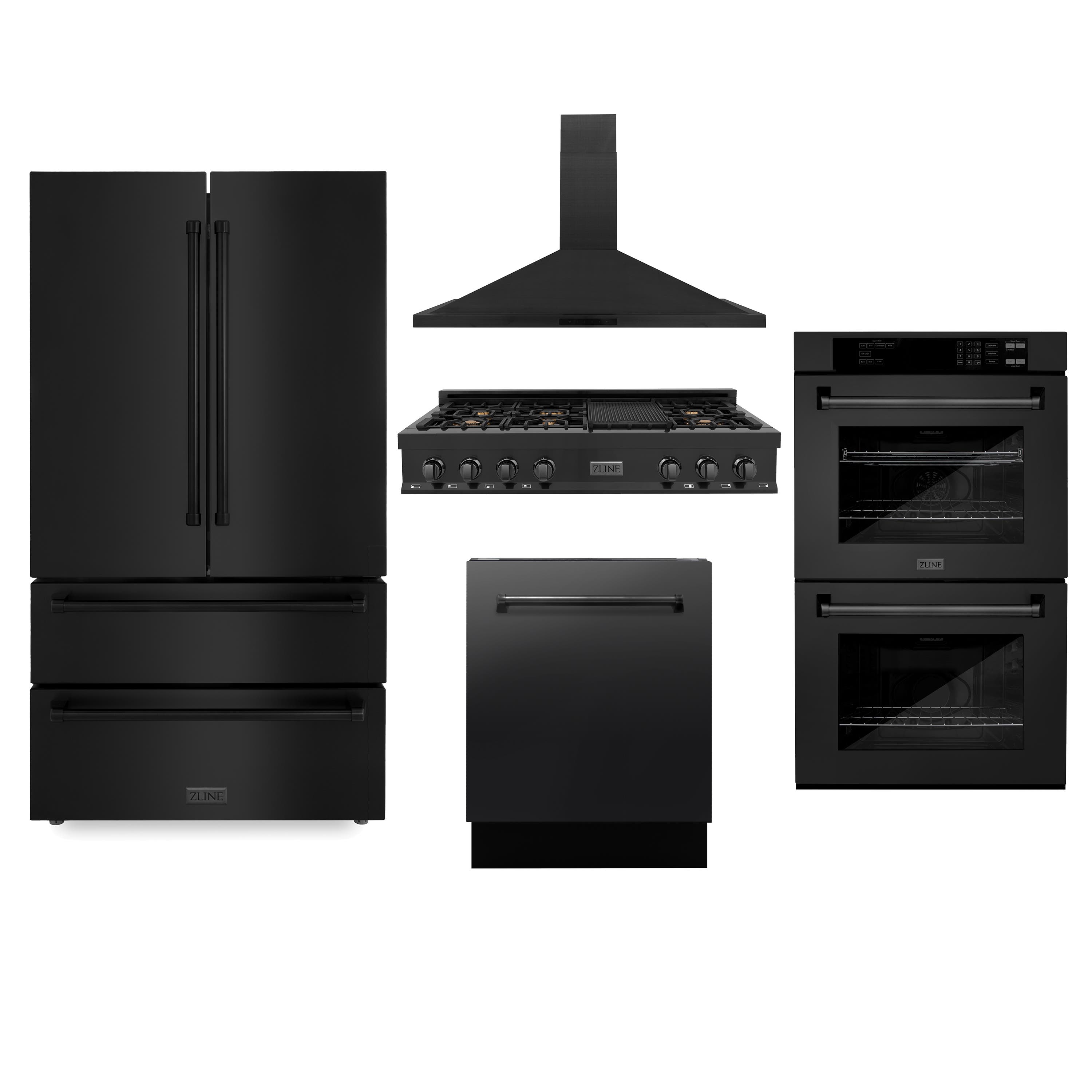 Kitchen Package with Black Stainless Steel Refrigeration, 48" Rangetop, 48" Range Hood, 30" Double Wall Oven, and 24" Tall Tub Dishwasher