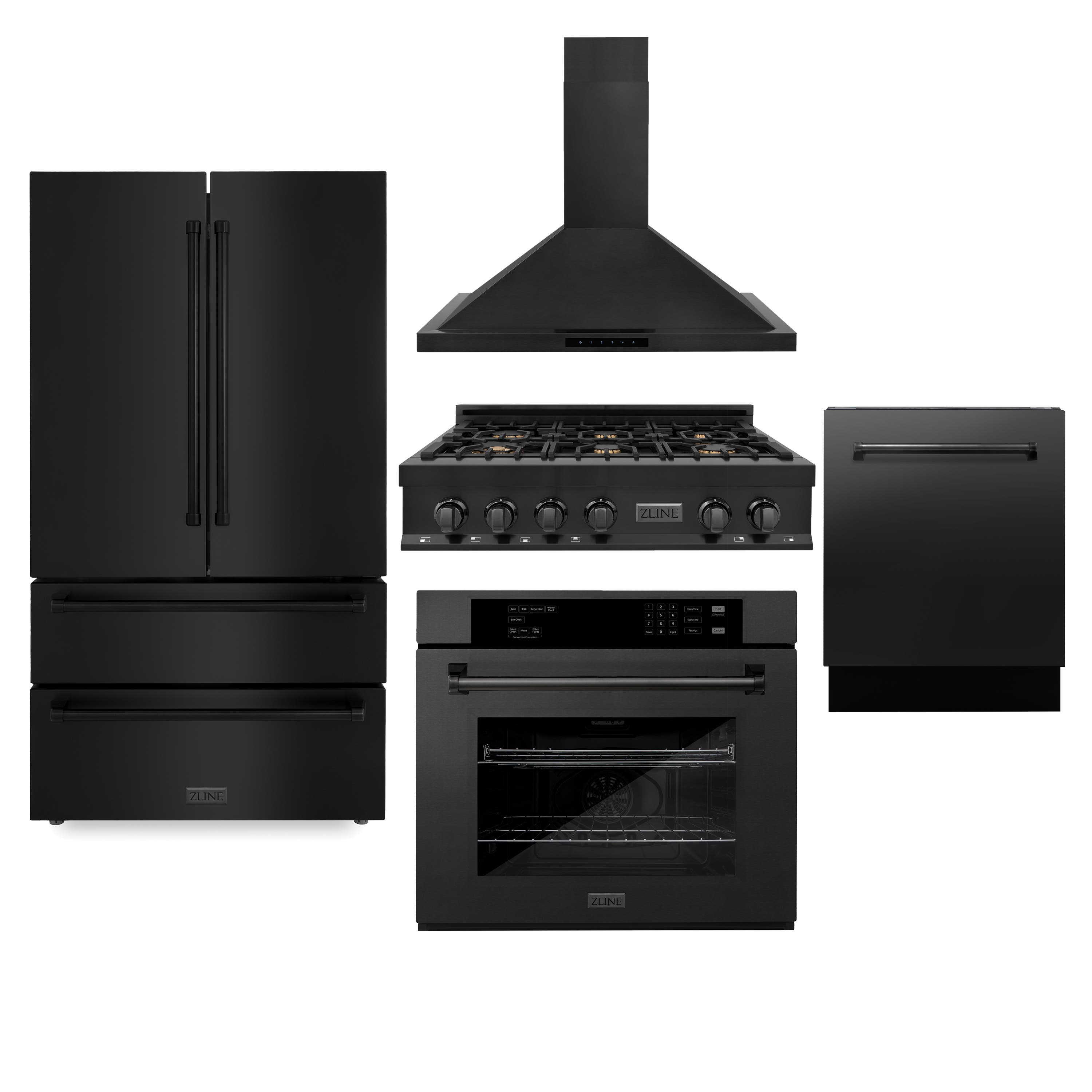 Kitchen Package with Black Stainless Steel Refrigeration, 36" Rangetop, 36" Range Hood, 30" Single Wall Oven, and 24" Tall Tub Dishwasher