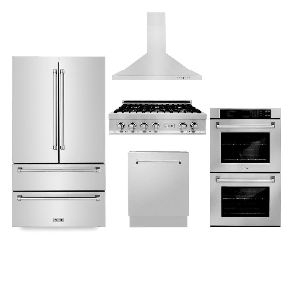 Kitchen Package with Black Stainless Steel Refrigeration, 36" Rangetop, 36" Range Hood, 30" Double Wall Oven, and 24" Tall Tub Dishwasher