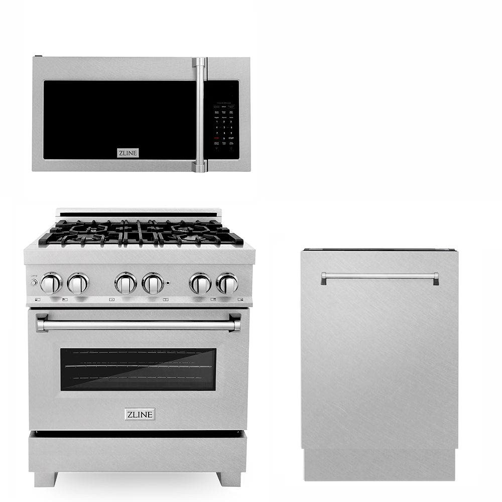 30" Kitchen Package with Fingerprint Resistant Stainless Steel Dual Fuel Range, Over the Range Microwave and Tall Tub Dishwasher