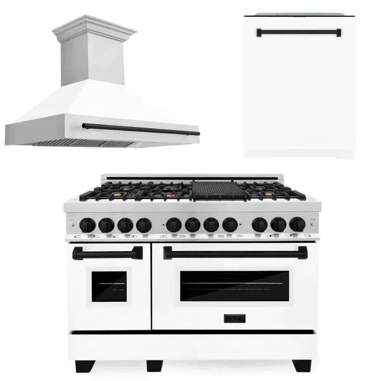 48" Autograph Edition Kitchen Package with Stainless Steel Dual Fuel Range with White Matte Door, Range Hood and Dishwasher with Matte Black Accents