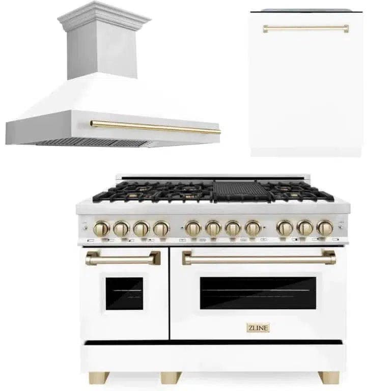 48" Autograph Edition Kitchen Package with Stainless Steel Dual Fuel Range with White Matte Door, Range Hood and Dishwasher with Polished Gold Accents