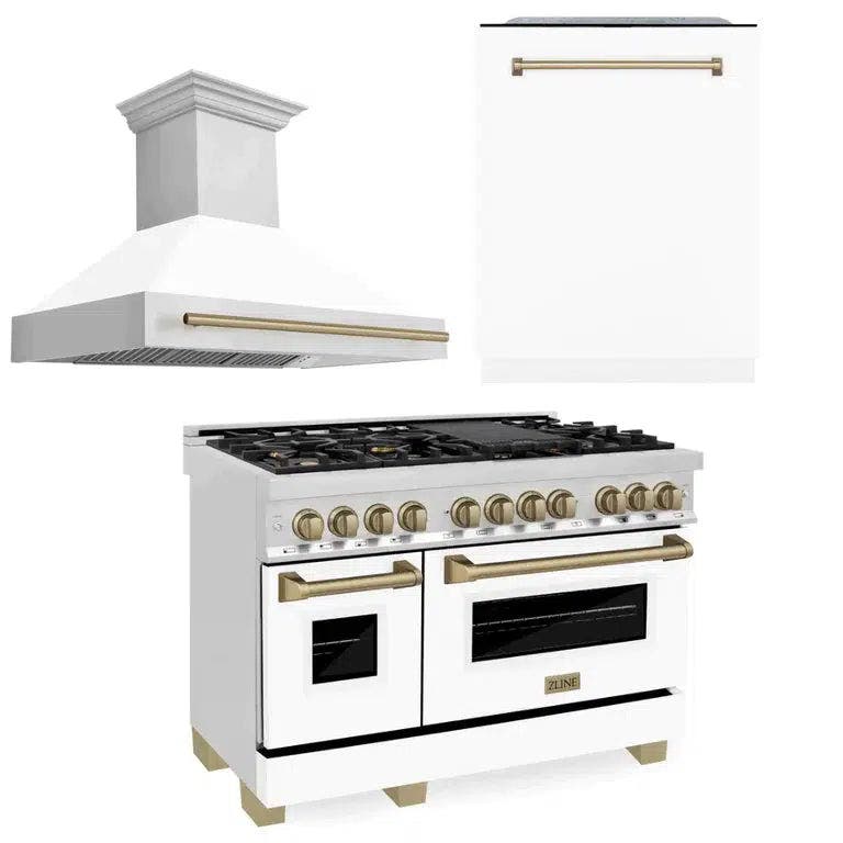 48" Autograph Edition Kitchen Package with Stainless Steel Dual Fuel Range with White Matte Door, Range Hood and Dishwasher with Champagne Bronze Accents