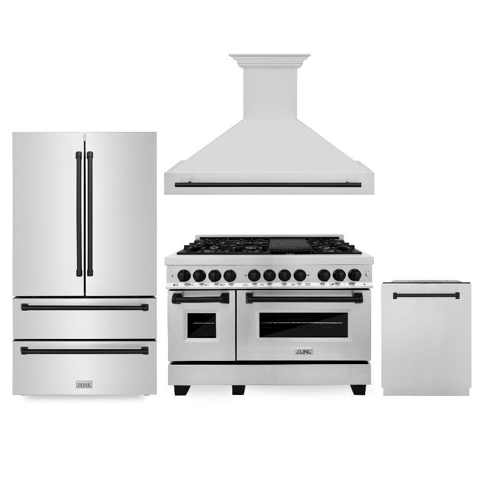 48" Autograph Edition Kitchen Package with Stainless Steel Dual Fuel Range, Range Hood, Dishwasher and Refrigeration with Matte Black Accents