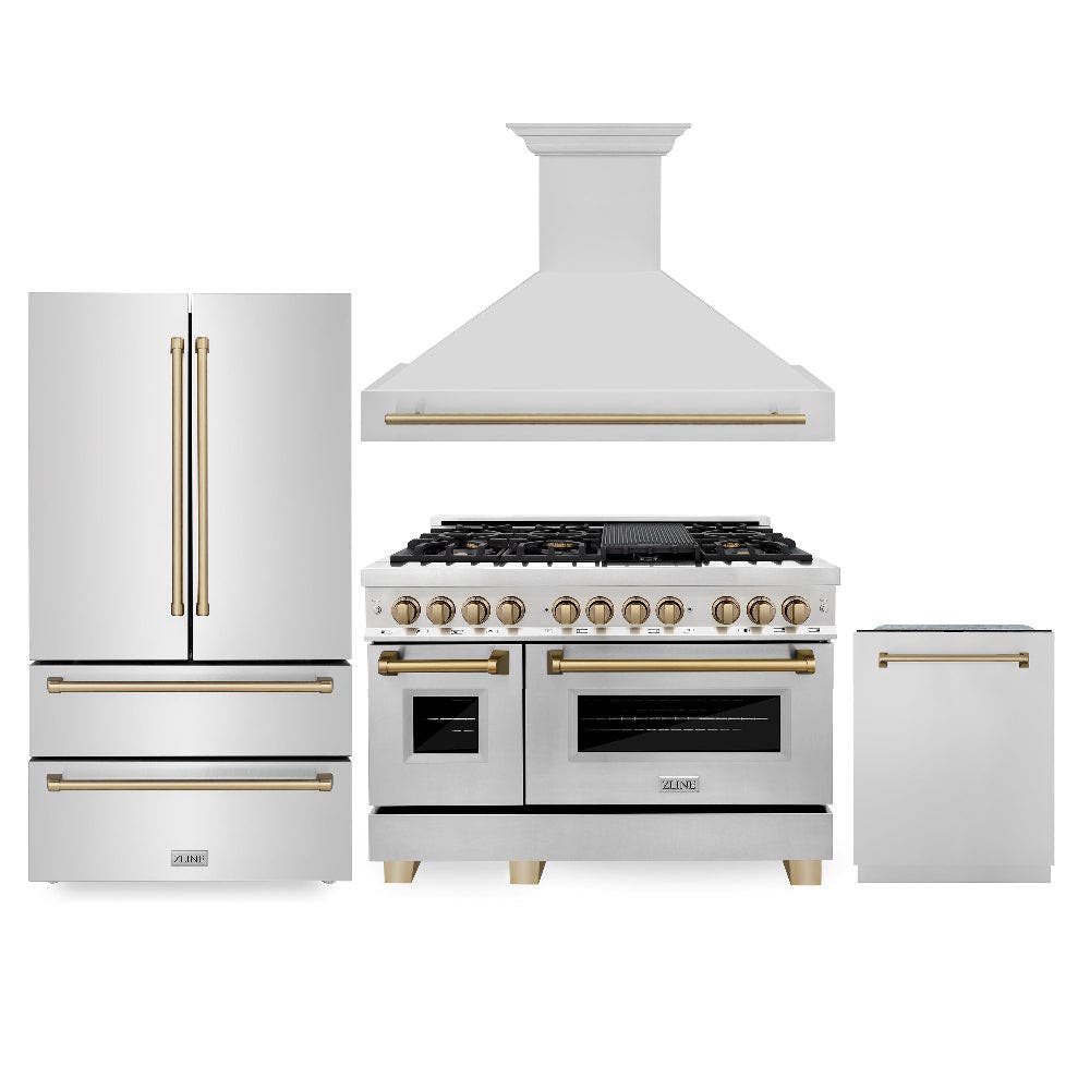48" Autograph Edition Kitchen Package with Stainless Steel Dual Fuel Range, Range Hood, Dishwasher and Refrigeration with Champagne Bronze Accents