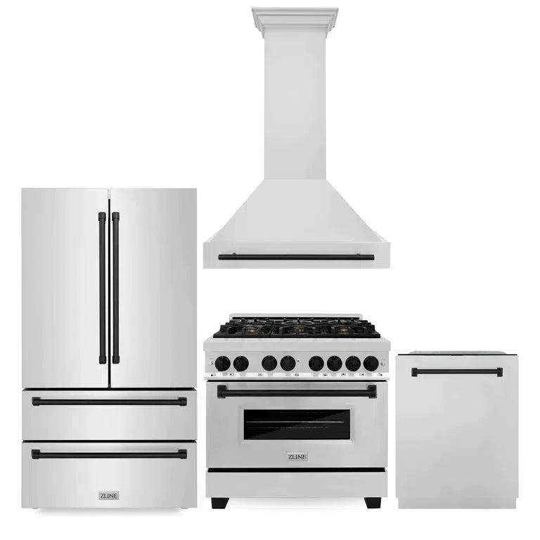 36" Autograph Edition Kitchen Package with Stainless Steel Dual Fuel Range, Range Hood, Dishwasher and Refrigeration with Matte Black Accents