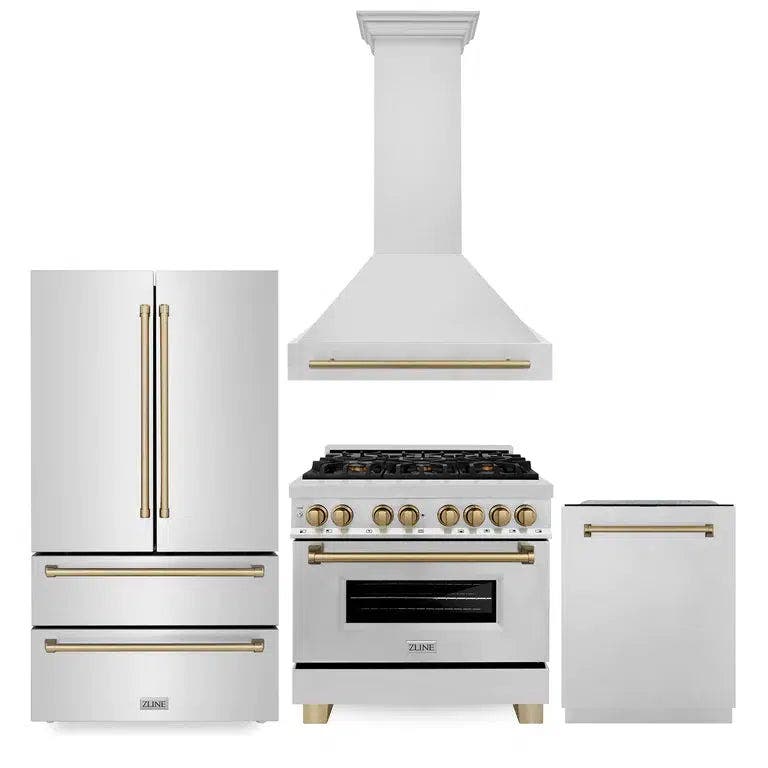 36" Autograph Edition Kitchen Package with Stainless Steel Dual Fuel Range, Range Hood, Dishwasher and Refrigeration with Champagne Bronze Accents