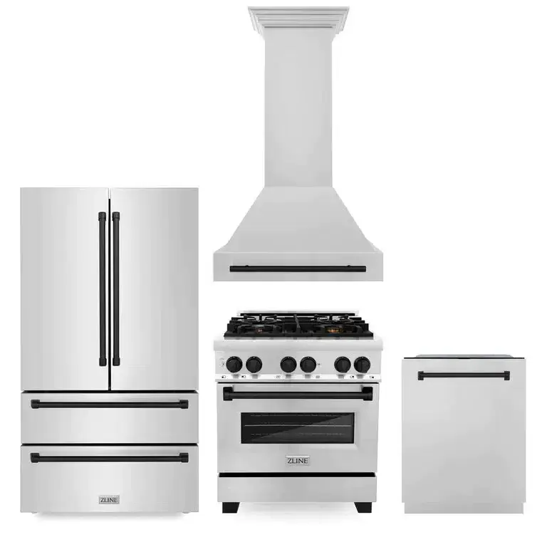 30" Autograph Edition Kitchen Package with Stainless Steel Dual Fuel Range, Range Hood, Dishwasher and Refrigeration with Matte Black Accents