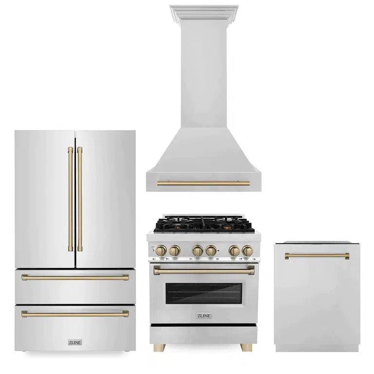 30" Autograph Edition Kitchen Package with Stainless Steel Dual Fuel Range, Range Hood, Dishwasher and Refrigeration with Champagne Bronze Accents