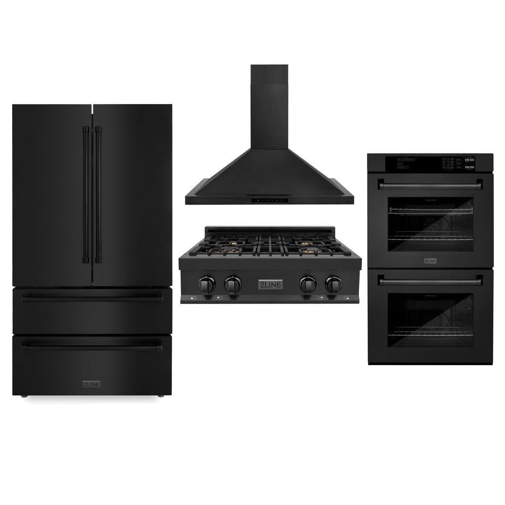 Kitchen Package with Black Stainless Steel Refrigeration, 30" Rangetop, 30" Range Hood and 30" Double Wall Oven