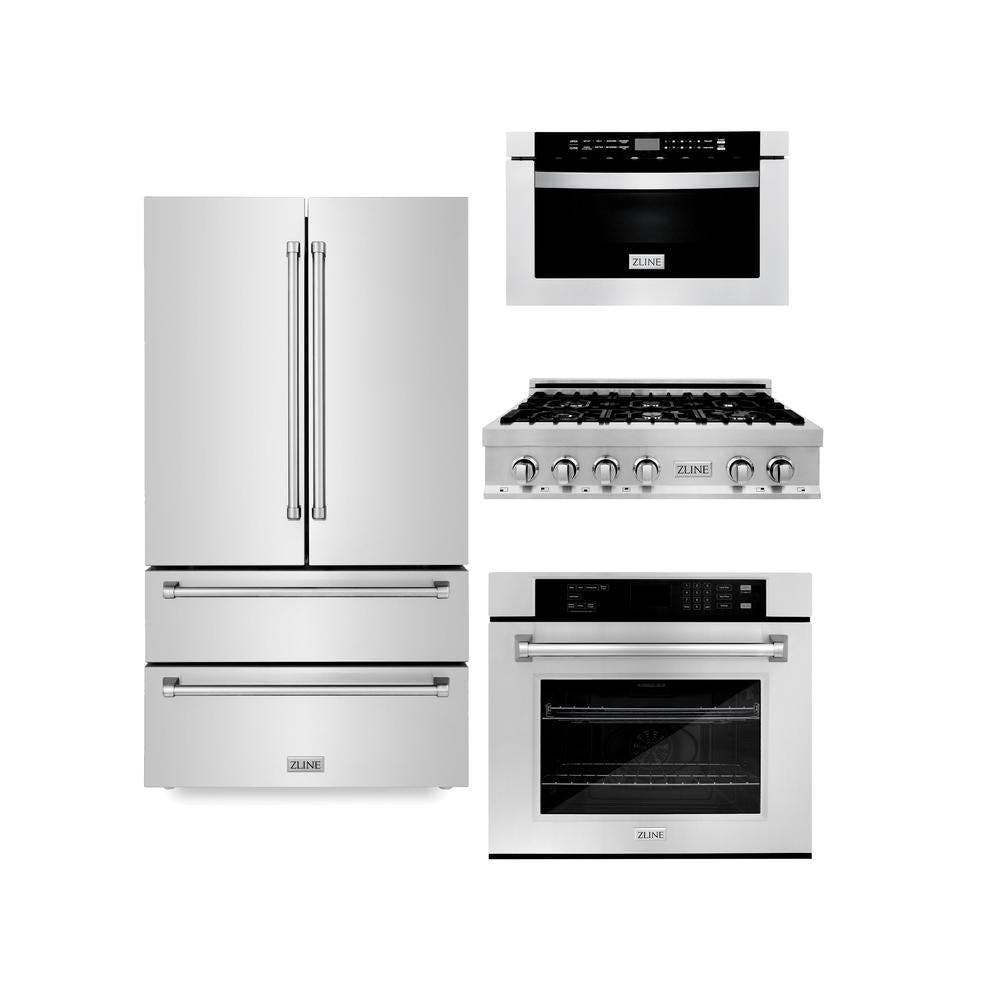 Kitchen Package with Refrigeration, 36" Stainless Steel Rangetop, 30" Single Wall Oven, 30" Microwave Oven