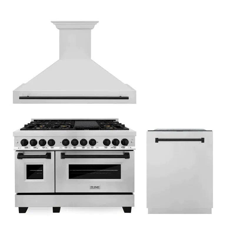 48" Autograph Edition Kitchen Package with Stainless Steel Dual Fuel Range, Range Hood and Dishwasher with Matte Black Accents