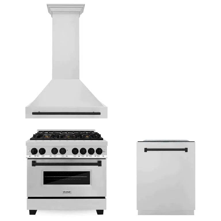 36" Autograph Edition Kitchen Package with Stainless Steel Dual Fuel Range, Range Hood and Dishwasher with Matte Black Accents