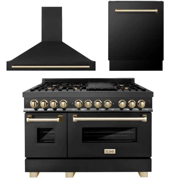 36" Autograph Edition Kitchen Package with Black Stainless Steel Dual Fuel Range, Range Hood and Dishwasher with Polished Gold Accents