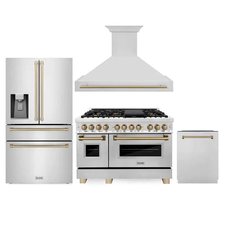 48" Autograph Edition Kitchen Package with Stainless Steel Dual Fuel Range, Range Hood, Dishwasher and Refrigeration with Champagne Bronze Accents