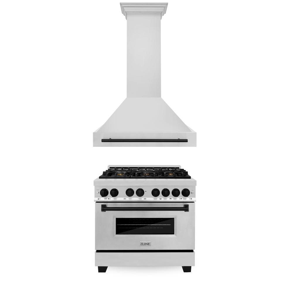 36" Autograph Edition Kitchen Package with Stainless Steel Dual Fuel Range and Range Hood with Matte Black Accents