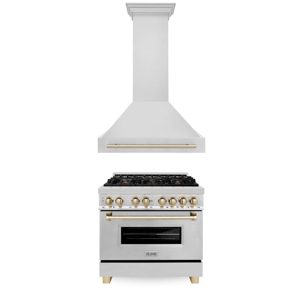36" Autograph Edition Kitchen Package with Stainless Steel Dual Fuel Range and Range Hood with Polished Gold Accents