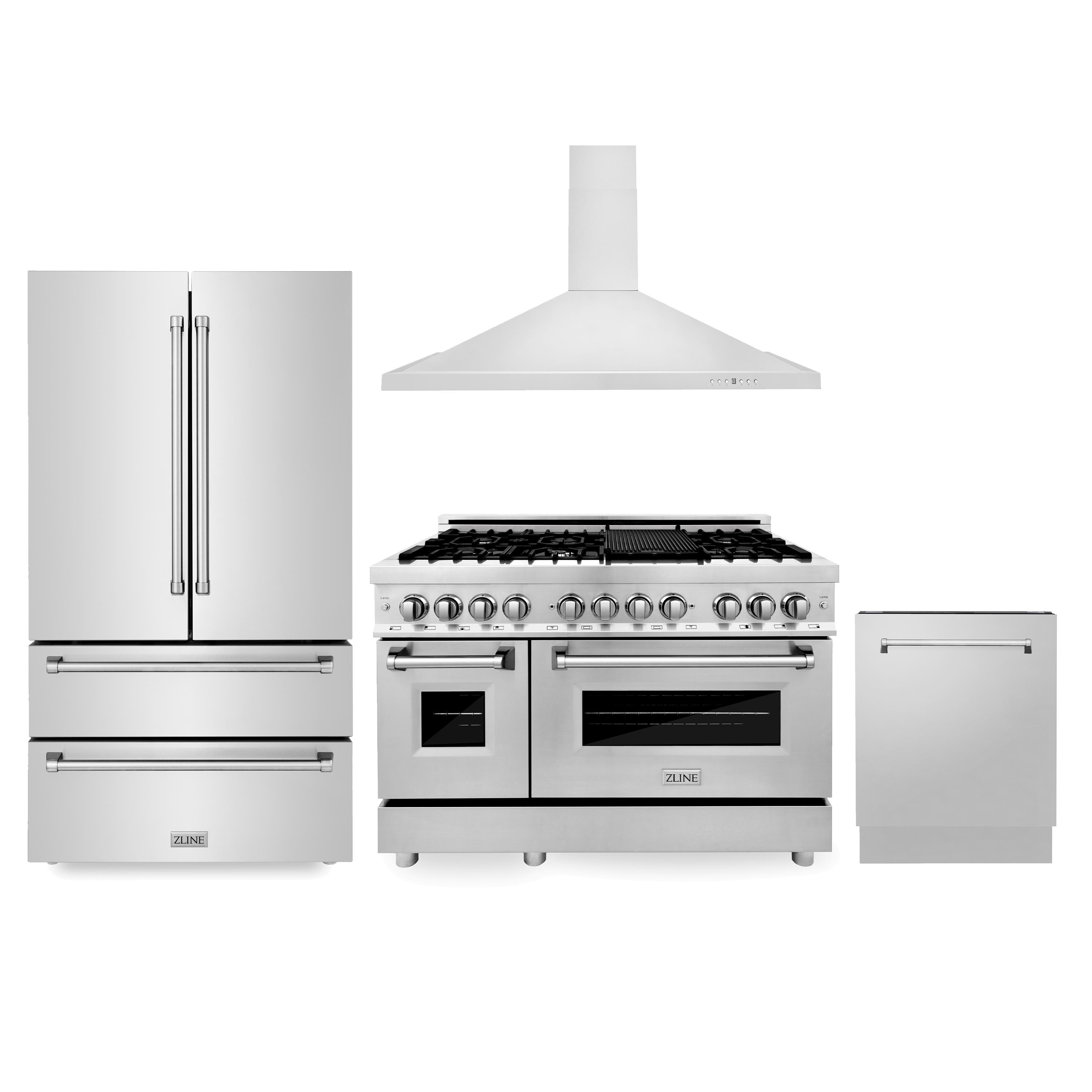 Kitchen Package with Refrigeration, 48" Stainless Steel Dual Fuel Range, 48" Convertible Vent Range Hood and 24" Tall Tub Dishwasher