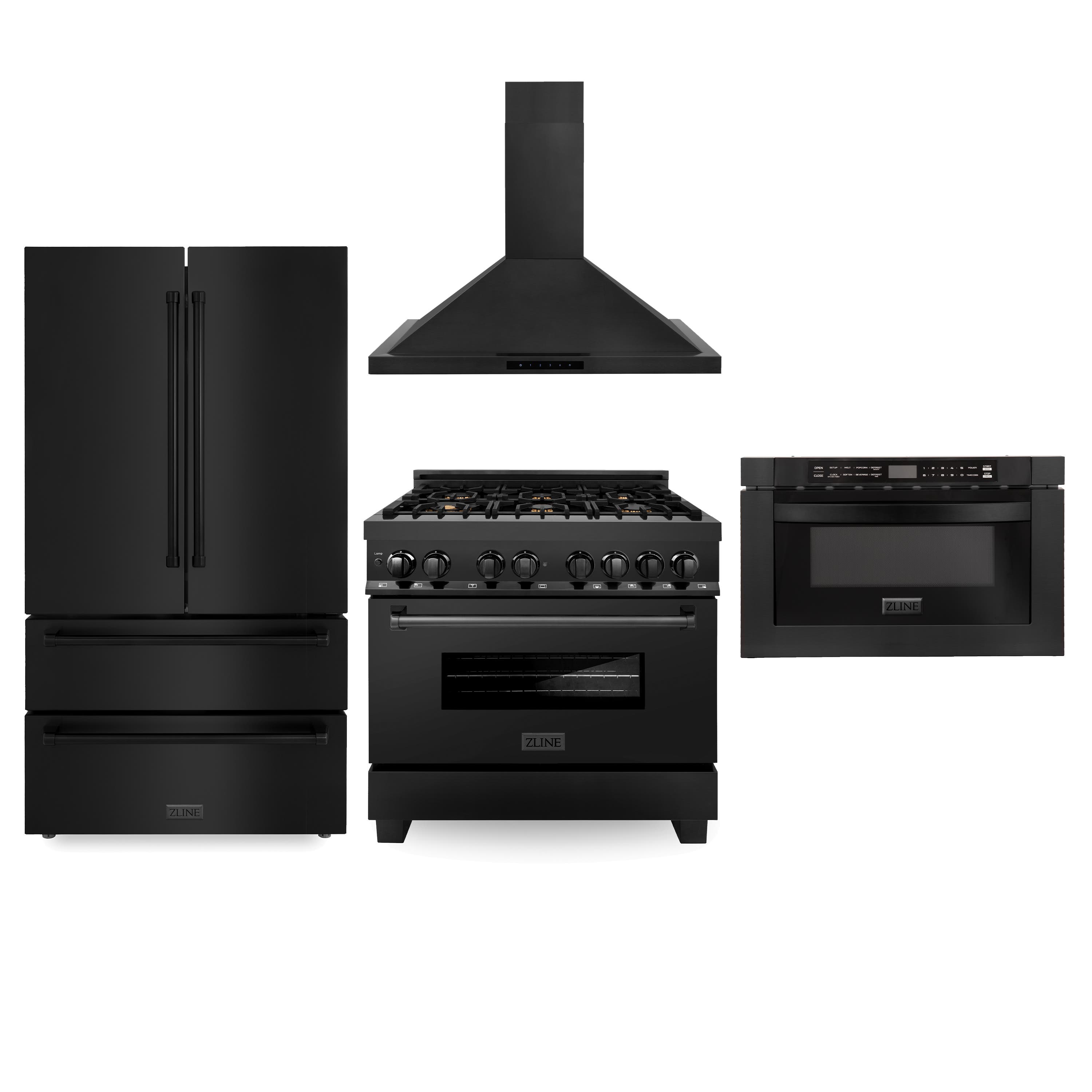 Kitchen Package with Black Stainless Steel Refrigeration, 36" Dual Fuel Range and Microwave Drawer