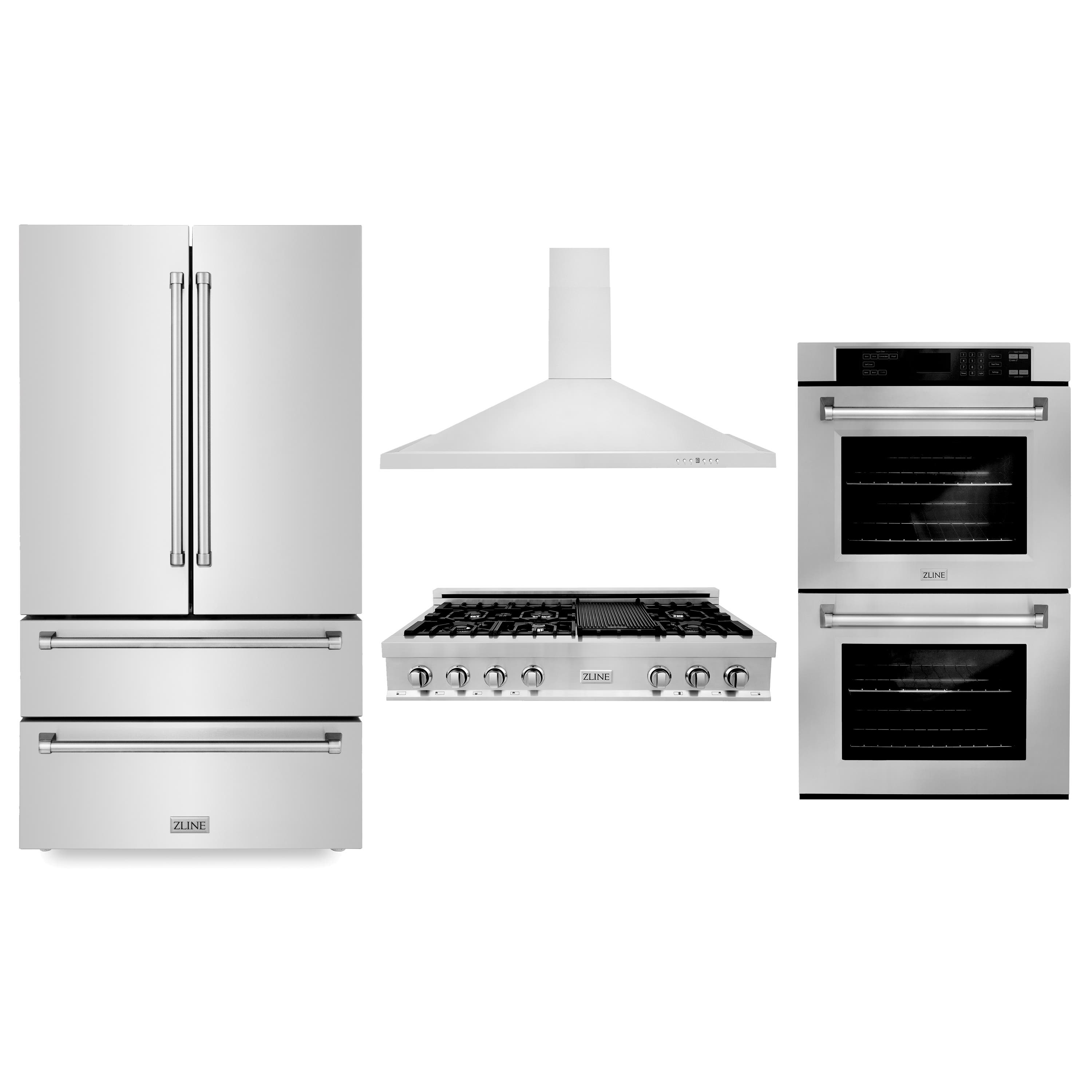 Kitchen Package with Refrigeration, 48" Stainless Steel Rangetop, 48" Range Hood and 30" Double Wall Oven