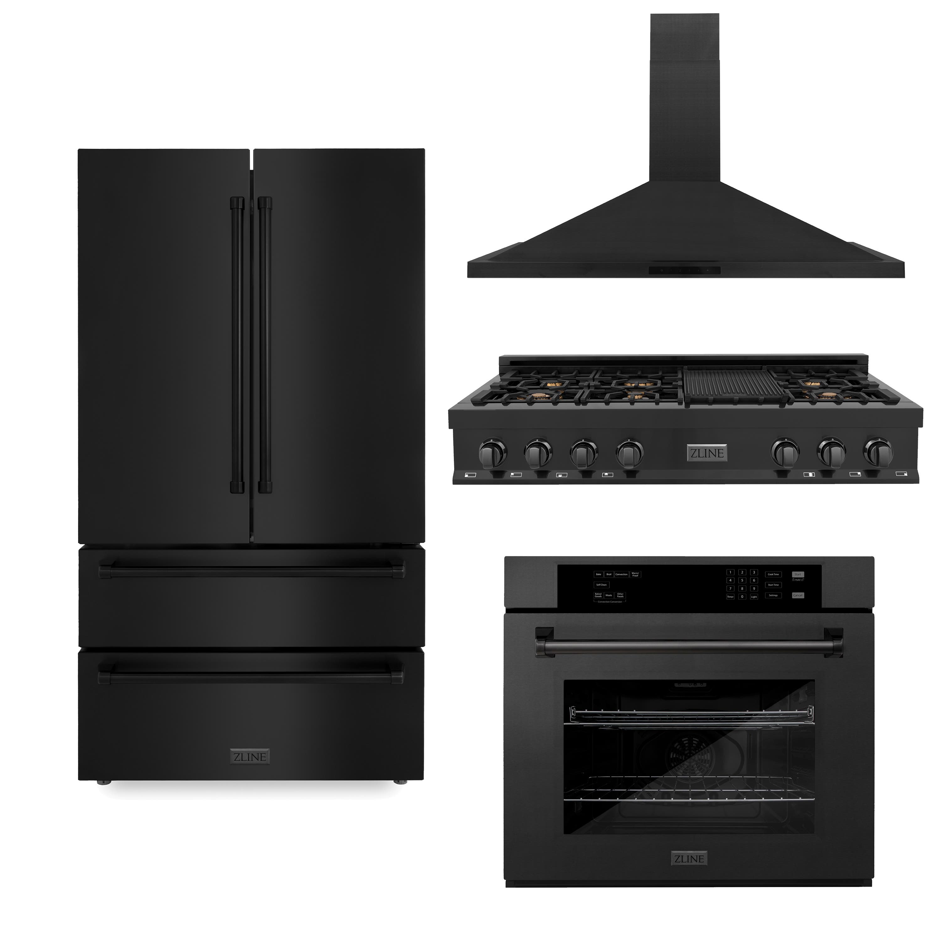 Kitchen Package with Black Stainless Steel Refrigeration, 48" Rangetop, 48" Range Hood and 30" Single Wall Oven