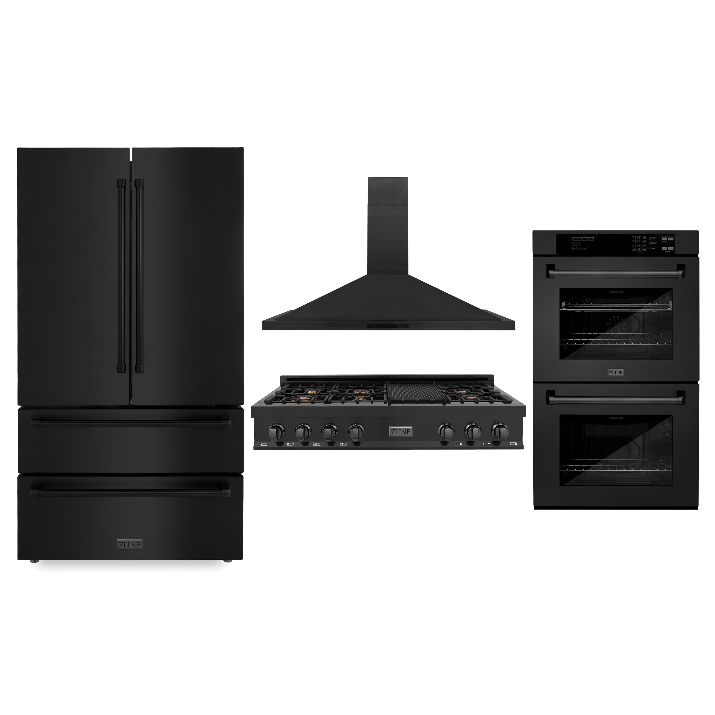 Kitchen Package with Black Stainless Steel Refrigeration, 48" Rangetop, 48" Range Hood and 30" Double Wall Oven