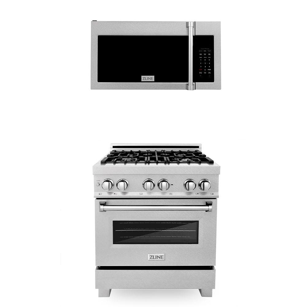 30" Kitchen Package with Fingerprint Resistant Stainless Steel Fuel Fuel Range and Over the Range Microwave