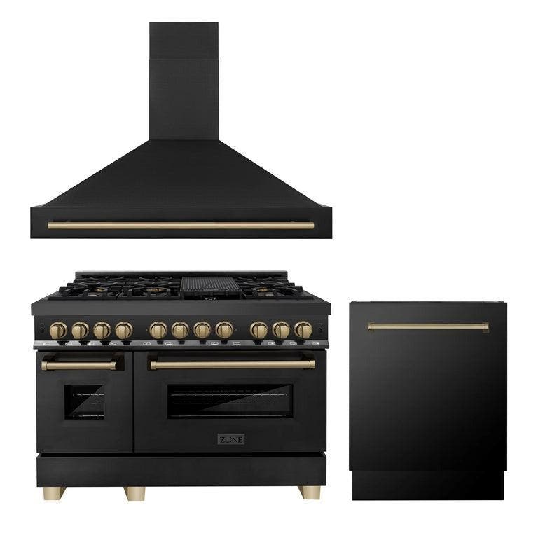 36" Autograph Edition Kitchen Package with Black Stainless Steel Dual Fuel Range, Range Hood and Dishwasher with Champagne Bronze Accents