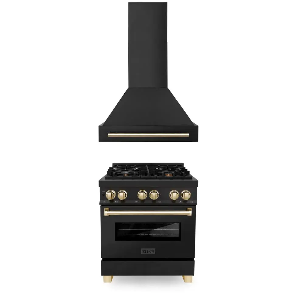 30" Autograph Edition Kitchen Package with Black Stainless Steel Dual Fuel Range and Range Hood with Polished Gold Accents