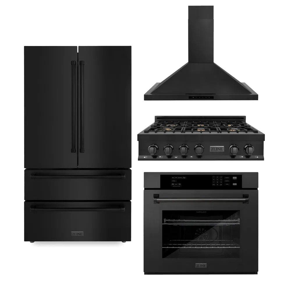 Kitchen Package with Black Stainless Steel Refrigeration, 36" Rangetop, 36" Range Hood and 30" Single Wall Oven
