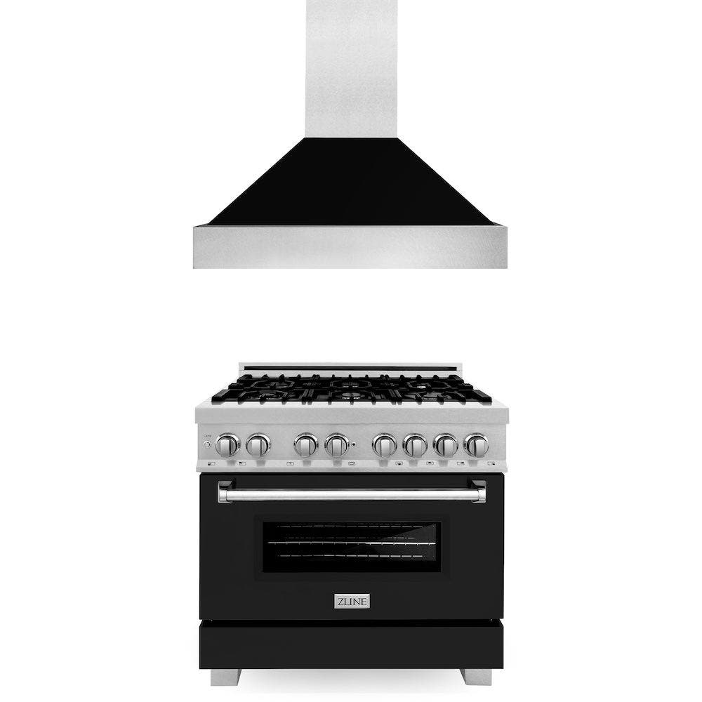 36" Kitchen Package with Fingerprint Resistant Stainless Steel Dual Fuel Range with Black Matte Door and Convertible Vent Range Hood
