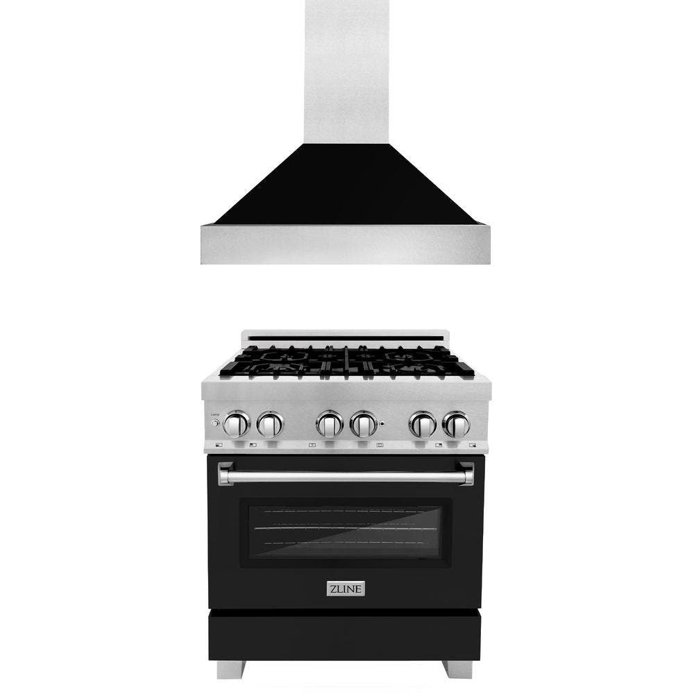 30" Kitchen Package with Fingerprint Resistant Stainless Steel Dual Fuel Range with Black Matte Door and Convertible Vent Range Hood