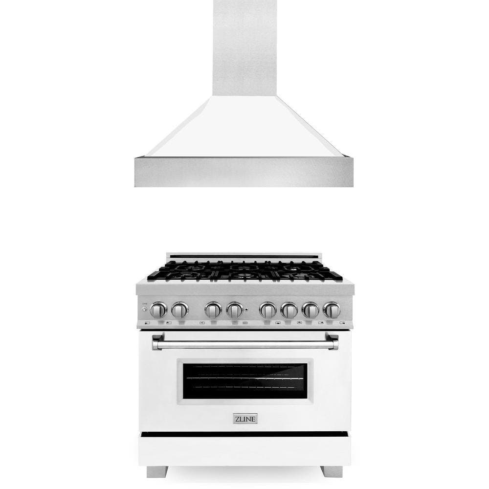 36" Kitchen Package with Fingerprint Resistant Stainless Steel Dual Fuel Range with White Matte Door and Convertible Vent Range Hood