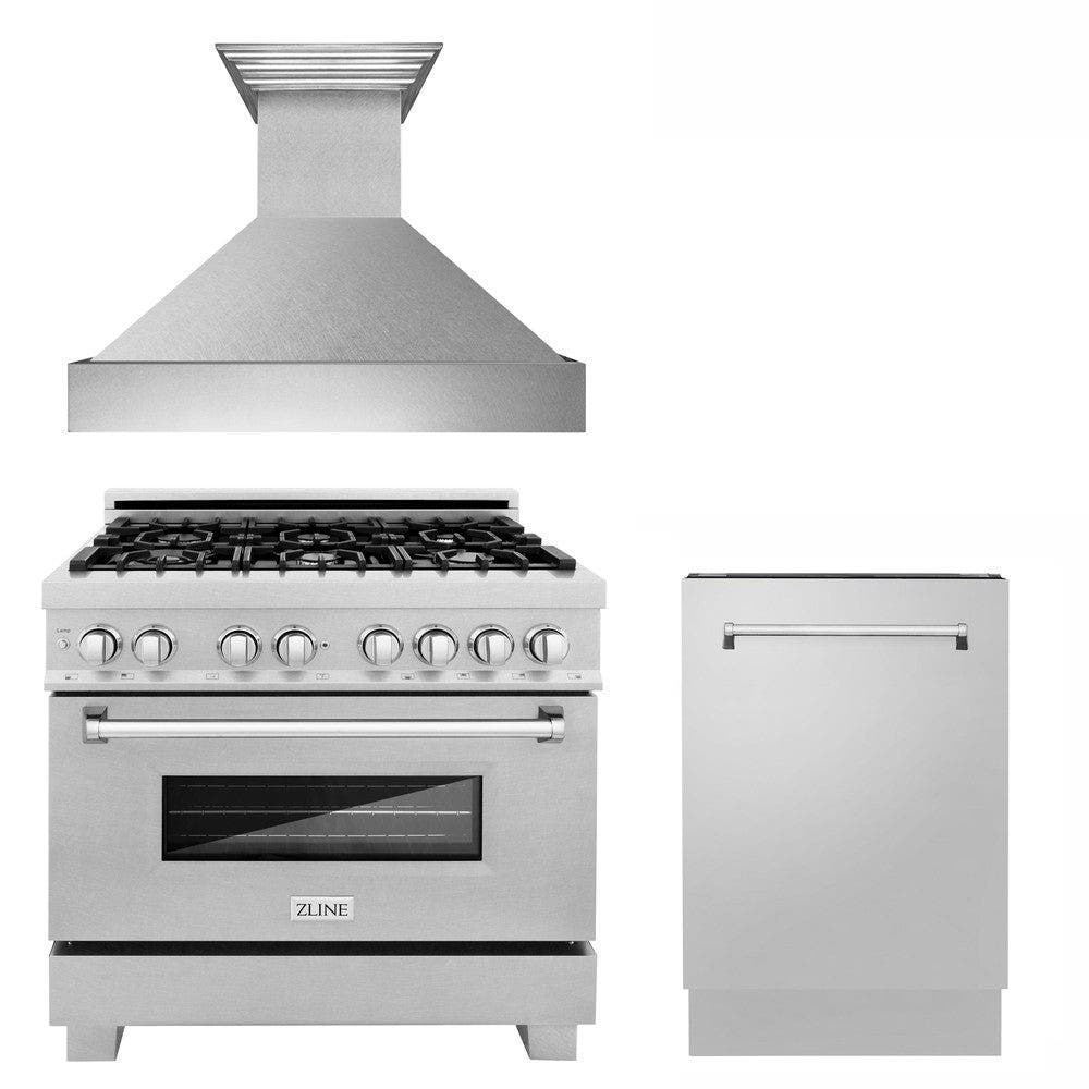36" Kitchen Package with Fingerprint Resistant Stainless Dual Fuel Range, Ducted Vent Range Hood and Tall Tub Dishwasher