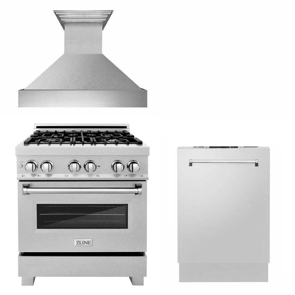 30" Kitchen Package with Fingerprint Resistant Stainless Dual Fuel Range, Ducted Vent Range Hood and Tall Tub Dishwasher