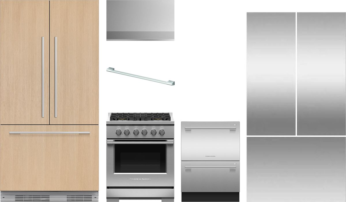 Professional Series 5-Piece Gas Kitchen Package with Double DishDrawer, Canopy Hood, & 36-Inch Built-In Refrigerator Suite