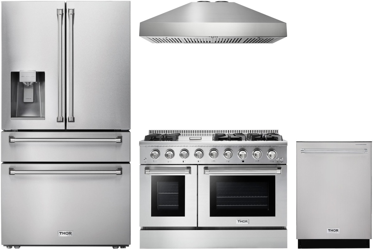 Professional Series 4-Piece Kitchen Package with 48-Inch Double Oven Dual-Fuel Range, 1000 CFM Hood, & French Door Refrigerator