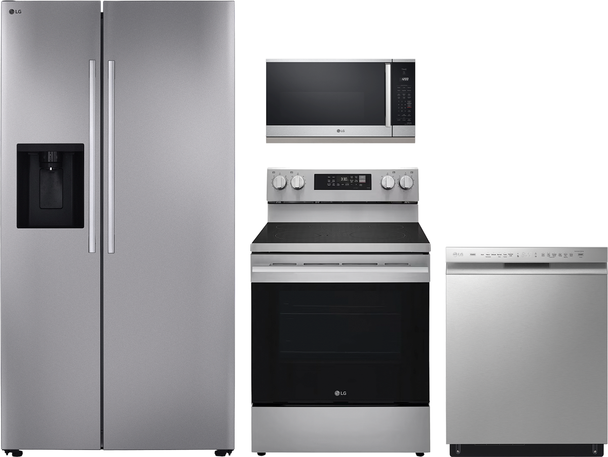 4 Piece Stainless Steel Kitchen Package with 30" Electric Range, 36" Side-by-Side Refrigerator, 24" Dishwasher and 30" Over-the-Range Microwave