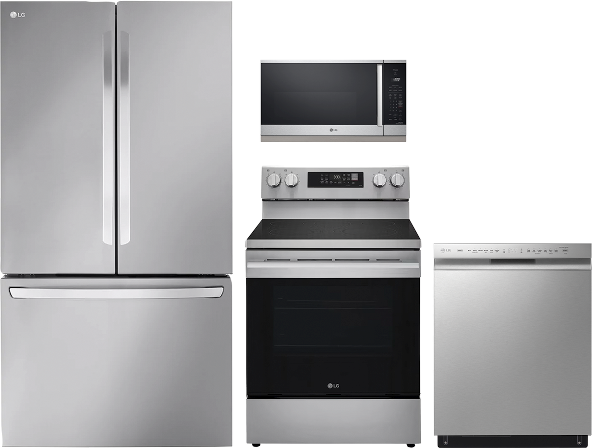 4 Piece Stainless Steel Kitchen Package with 30" Electric Range, 36" Counter Depth French Door Refrigerator, 24" Dishwasher and 30" Over-the-Range Microwave