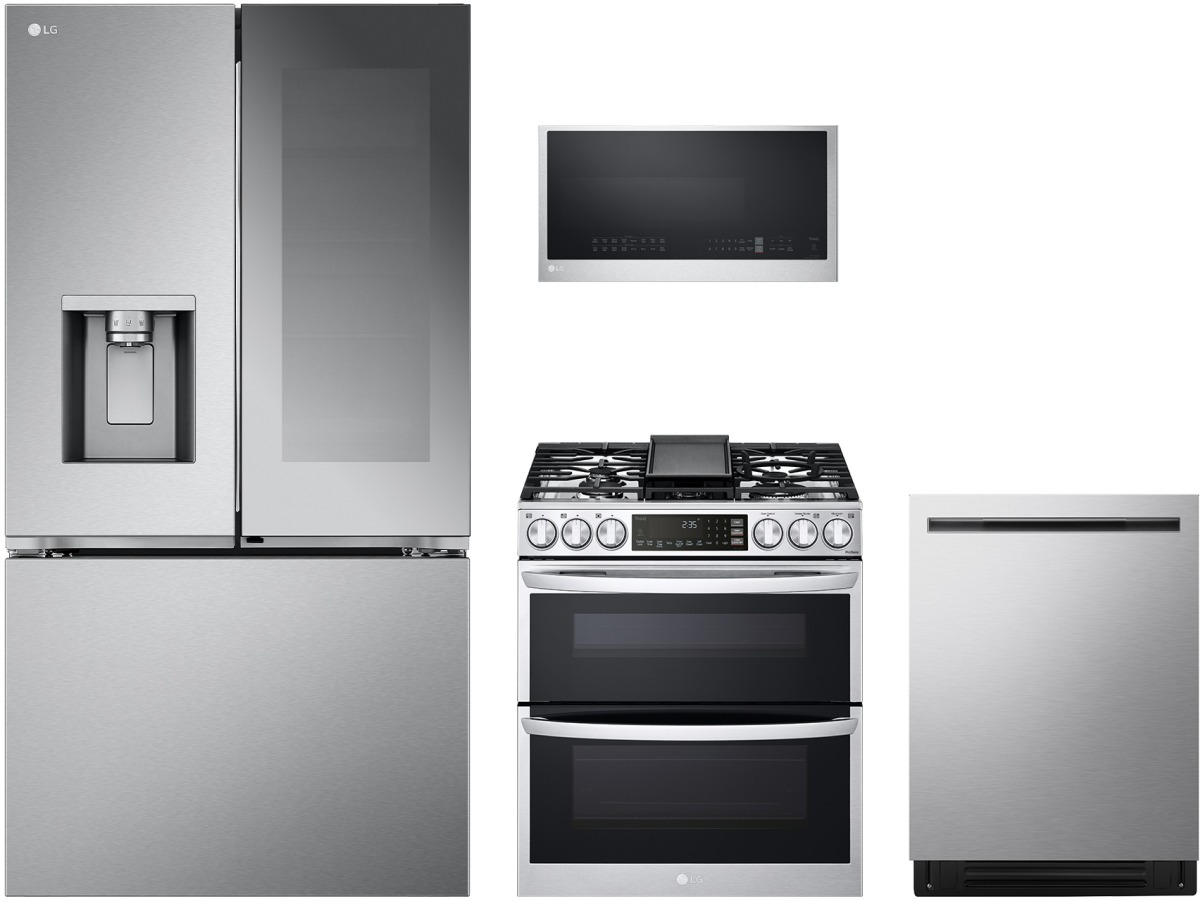 4-Piece Smart PrintProof Stainless Steel Kitchen Package with Counter-Depth InstaView Fridge & Gas Double Oven Range
