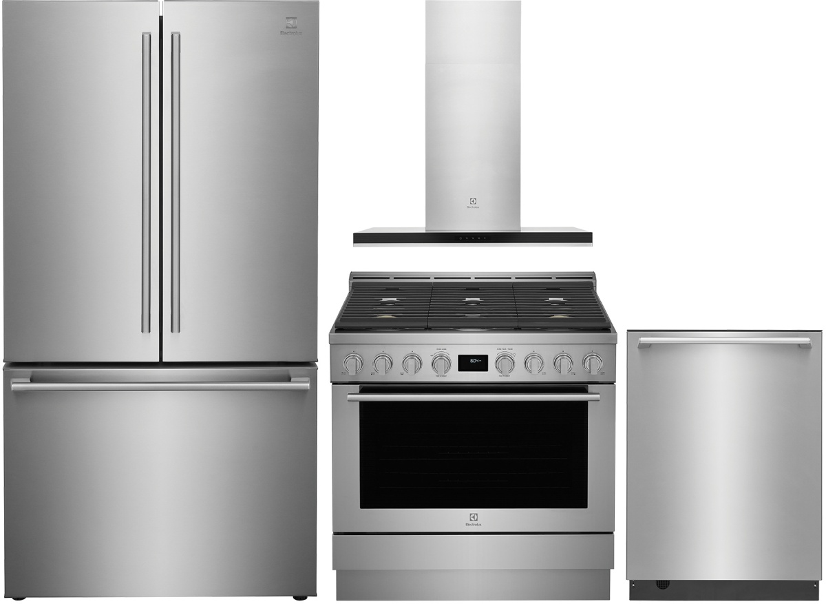 4 Piece Stainless Steel Kitchen Package with 36" Counter Depth French Door Refrigerator, 36" Gas Range, 24" Dishwasher and 36" Wall-Mount Hood