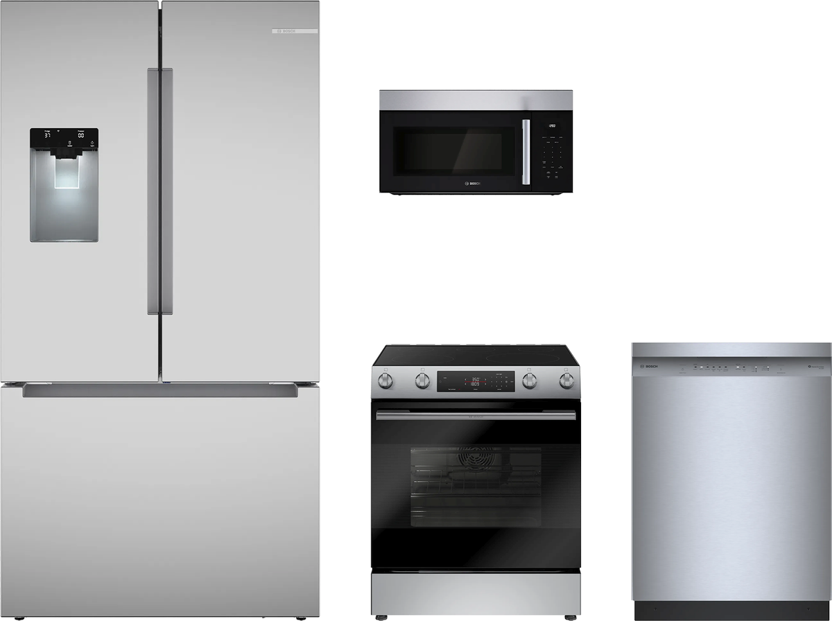 100/300 Series 4-Piece Stainless Steel Kitchen Package with Electric Range & Standard-Depth French Door Refrigerator